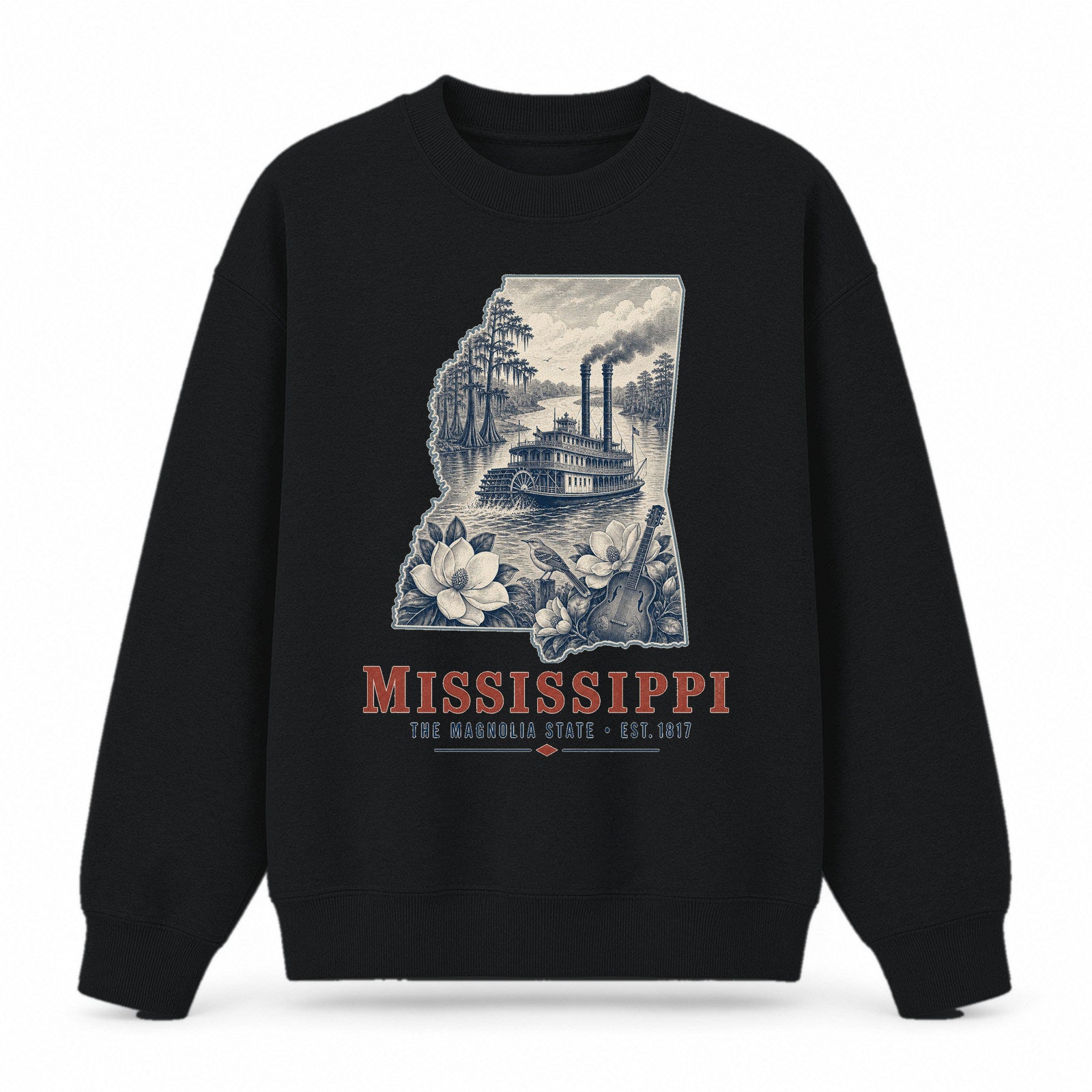 Vintage Mississippi State Graphic Crewneck Sweatshirt in Black, front view on a white background