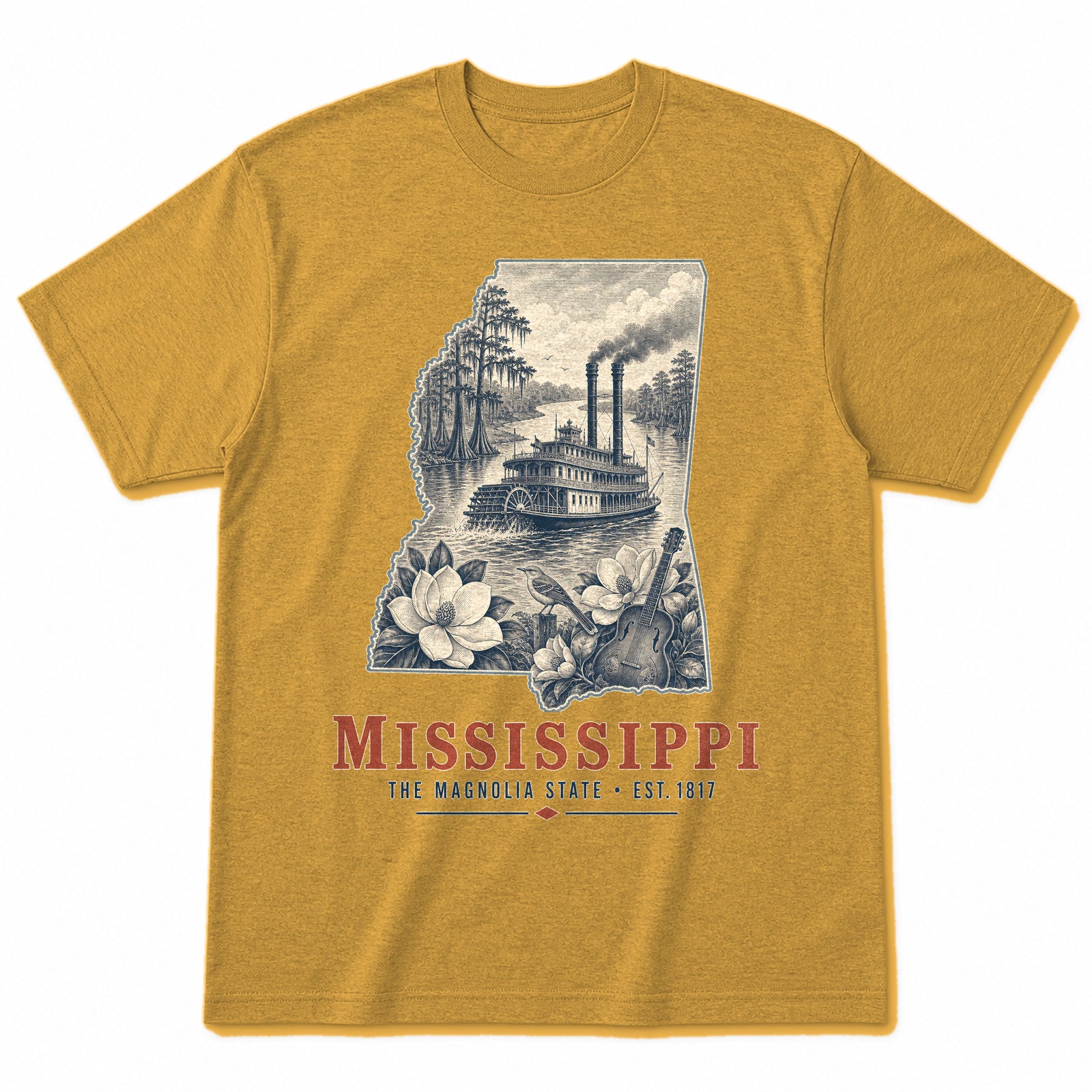 Vintage Mississippi State Graphic T-Shirt in Vintage Mustard Yellow, front view on a white background