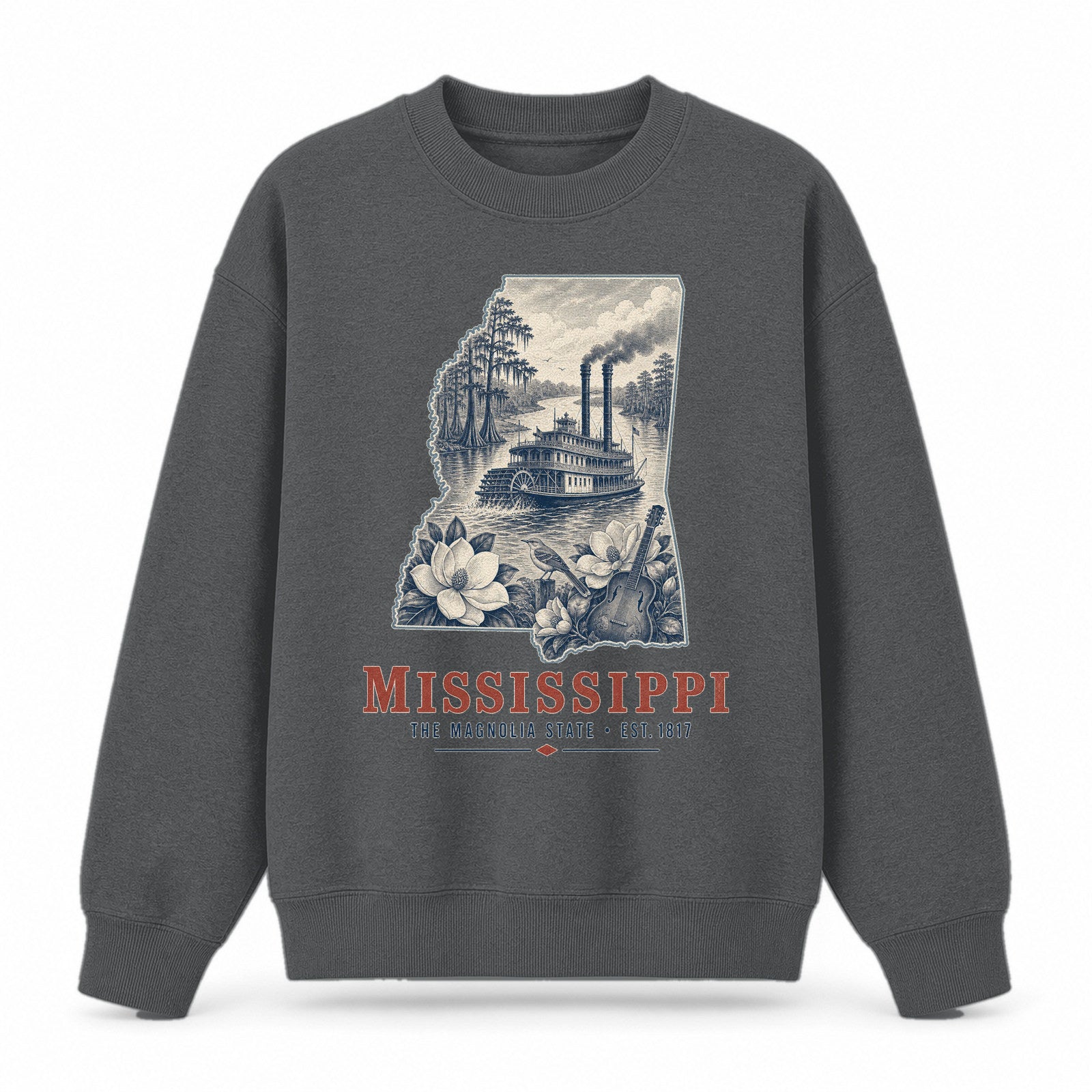 Vintage Mississippi State Graphic Crewneck Sweatshirt in Dark Gray, front view on a white background