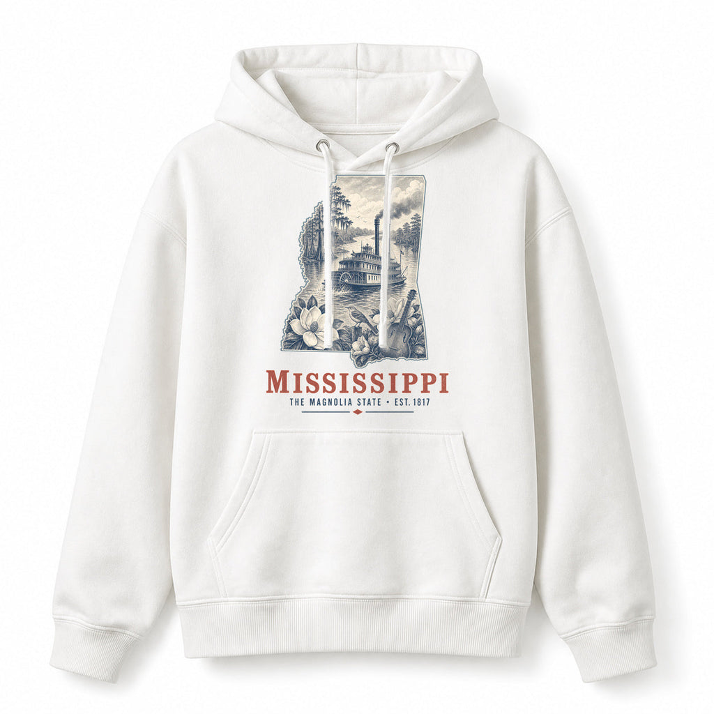 Vintage Mississippi State Graphic Pullover Hoodie in White, front view on a white background