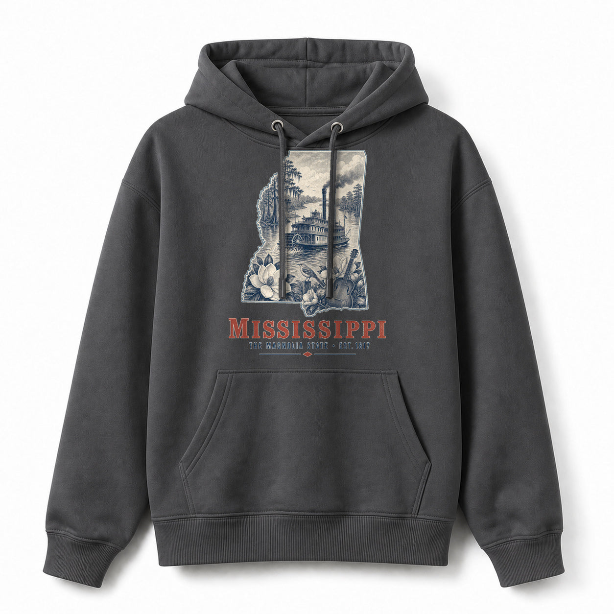 Vintage Mississippi State Graphic Pullover Hoodie in Dark Gray, front view on a white background
