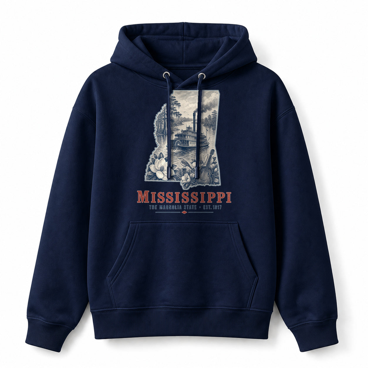 Vintage Mississippi State Graphic Pullover Hoodie in Navy, front view on a white background