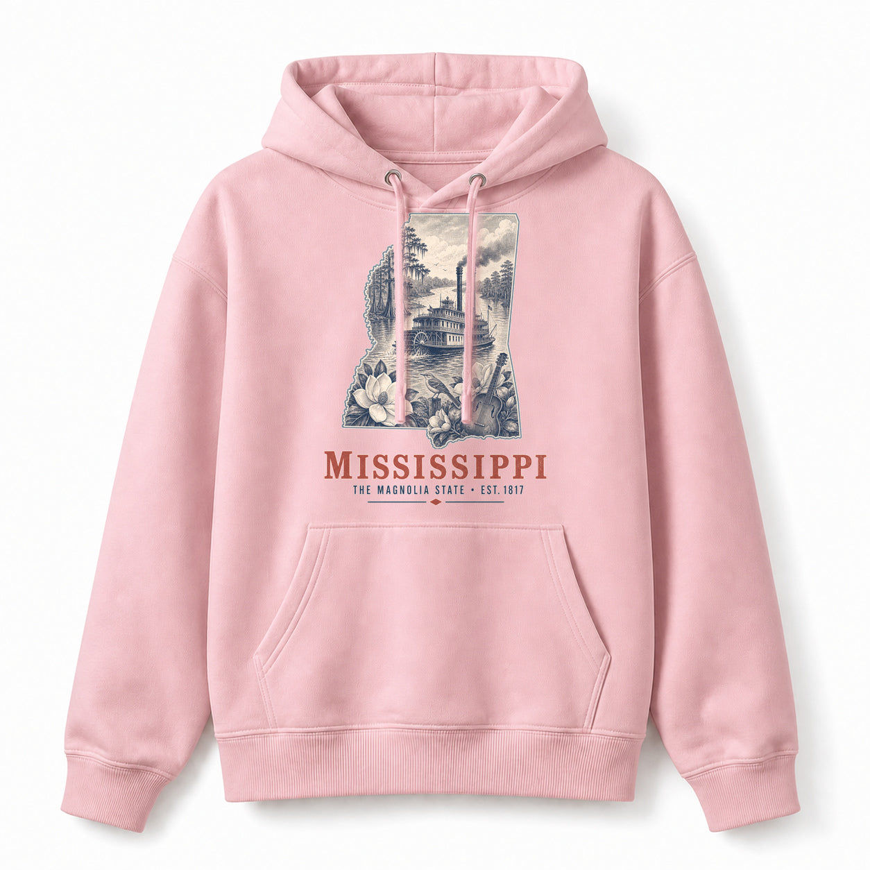 Vintage Mississippi State Graphic Pullover Hoodie in Light Pink, front view on a white background