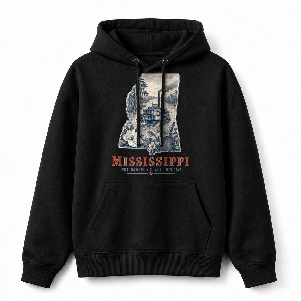 Vintage Mississippi State Graphic Pullover Hoodie in Black, front view on a white background