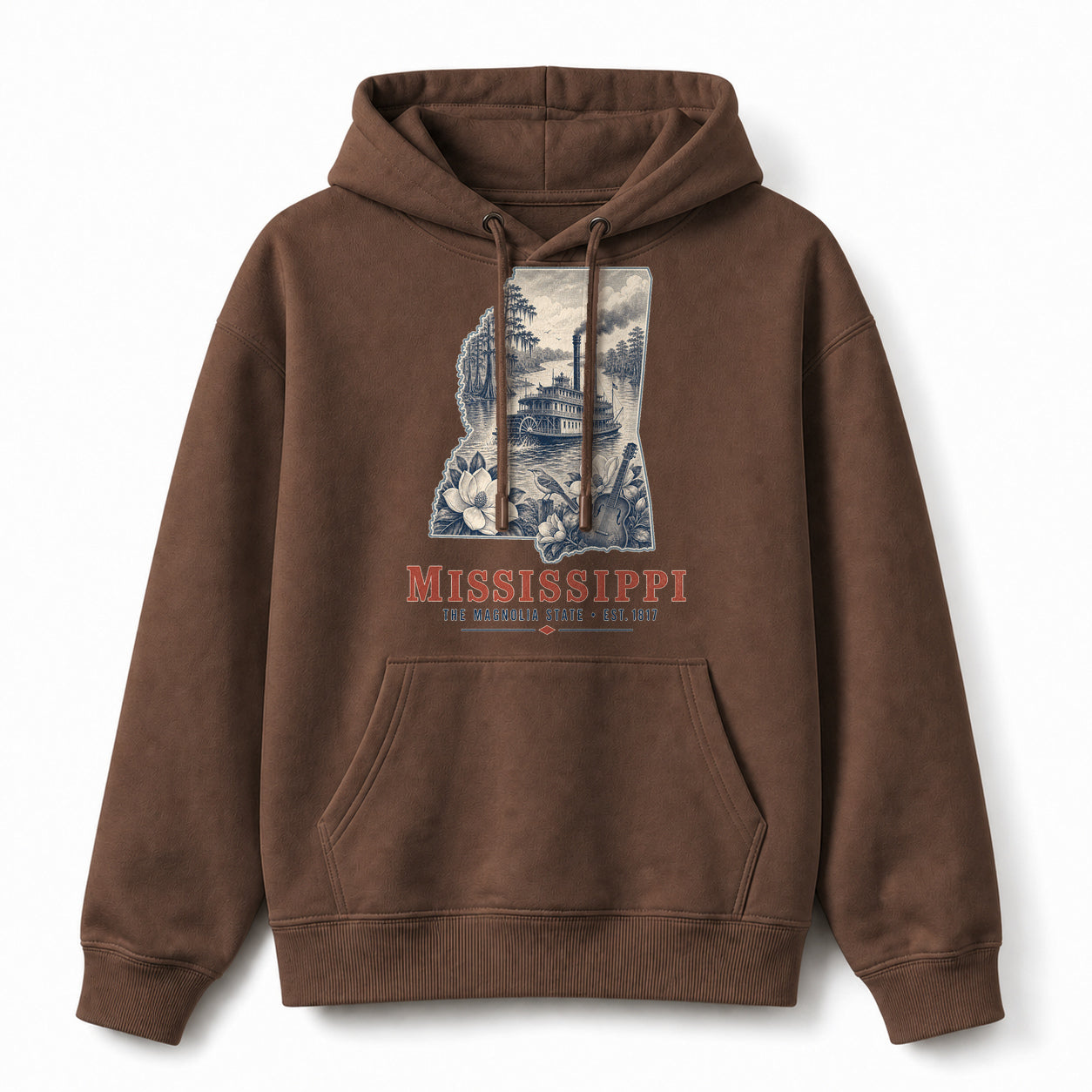 Vintage Mississippi State Graphic Pullover Hoodie in Coffee Brown, front view on a white background