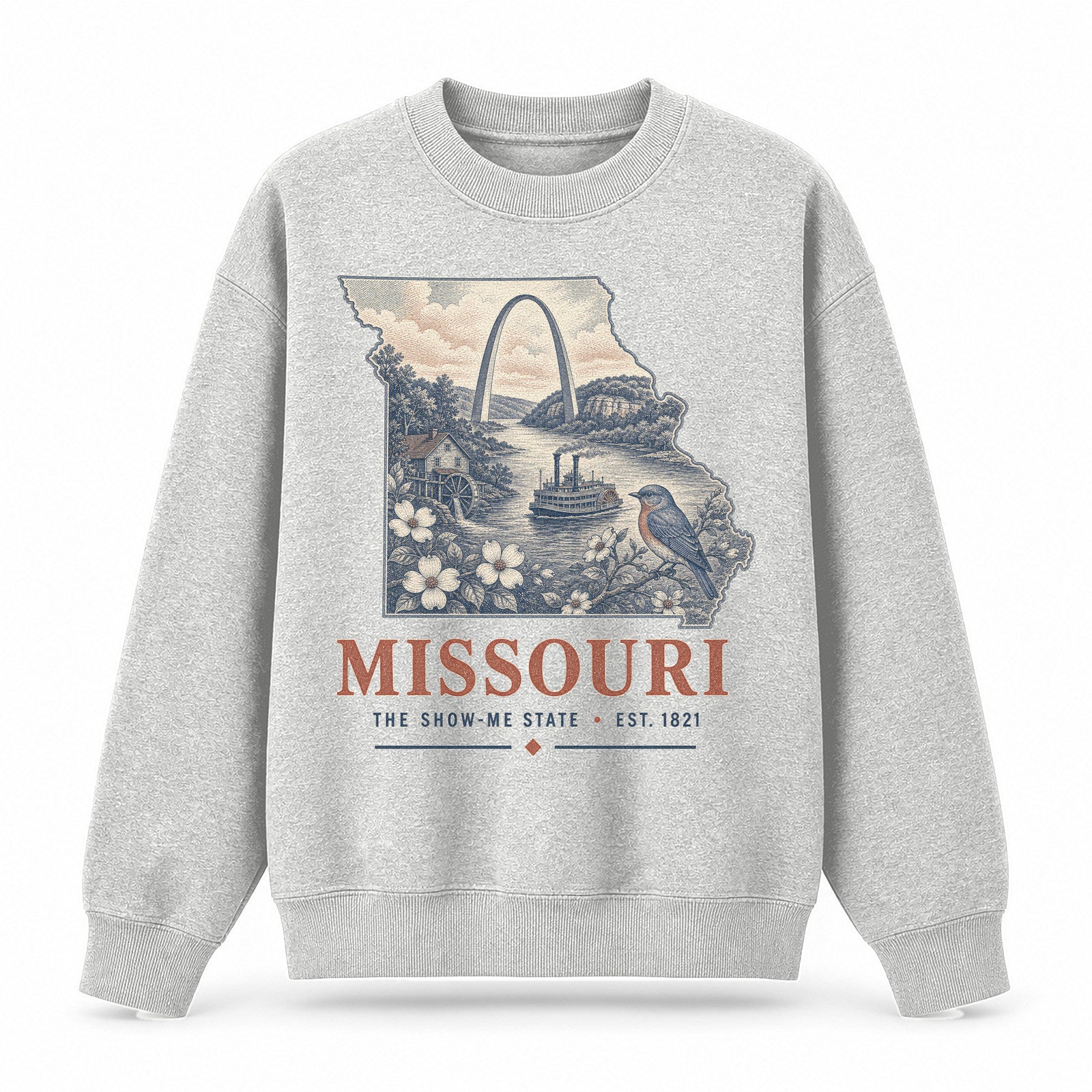 Vintage Missouri State Graphic Crewneck Sweatshirt in Light Gray, front view on a white background