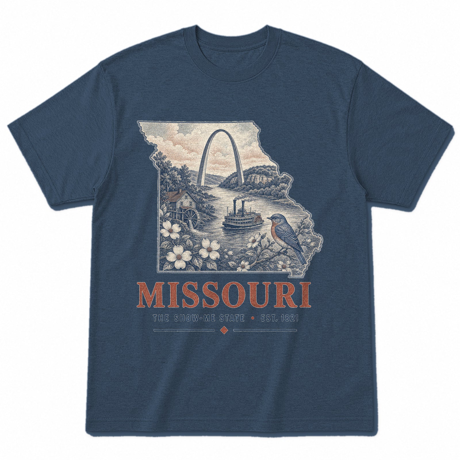 Vintage Missouri State Graphic T-Shirt in Washed Navy, front view on a white background