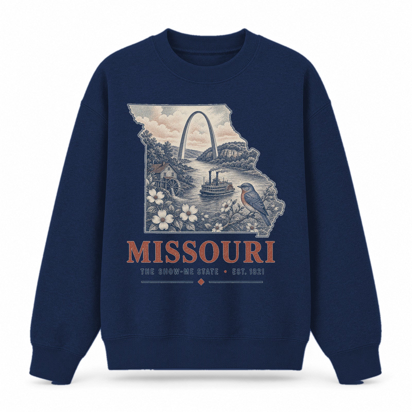 Vintage Missouri State Graphic Crewneck Sweatshirt in Navy, front view on a white background
