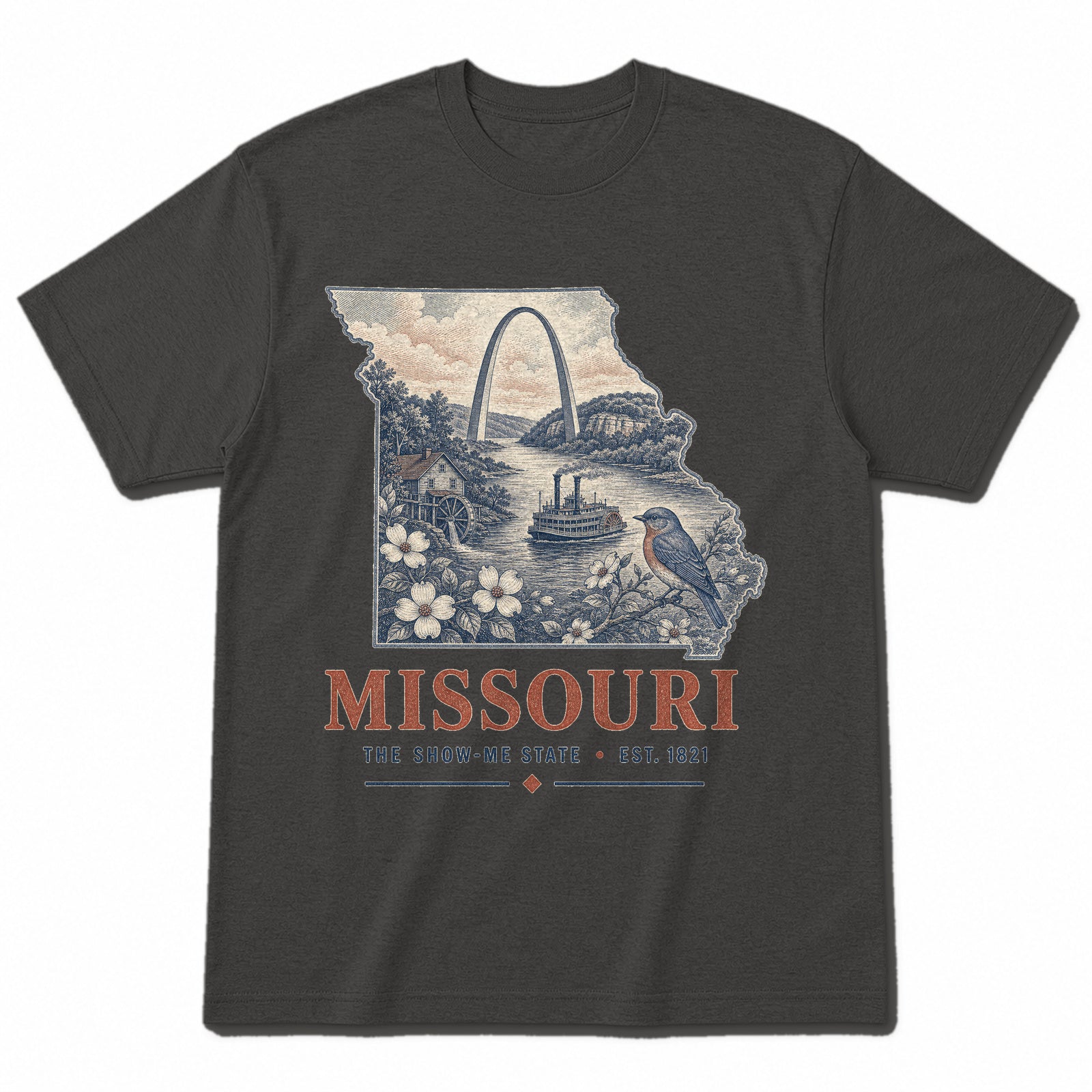 Vintage Missouri State Graphic T-Shirt in Vintage Charcoal, front view on a white background