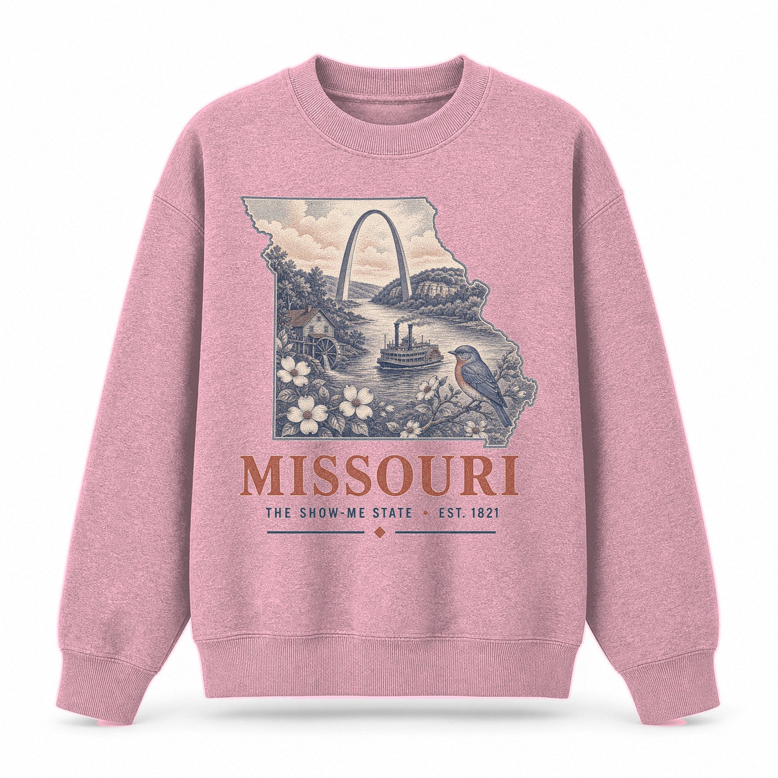 Vintage Missouri State Graphic Crewneck Sweatshirt in Pink, front view on a white background