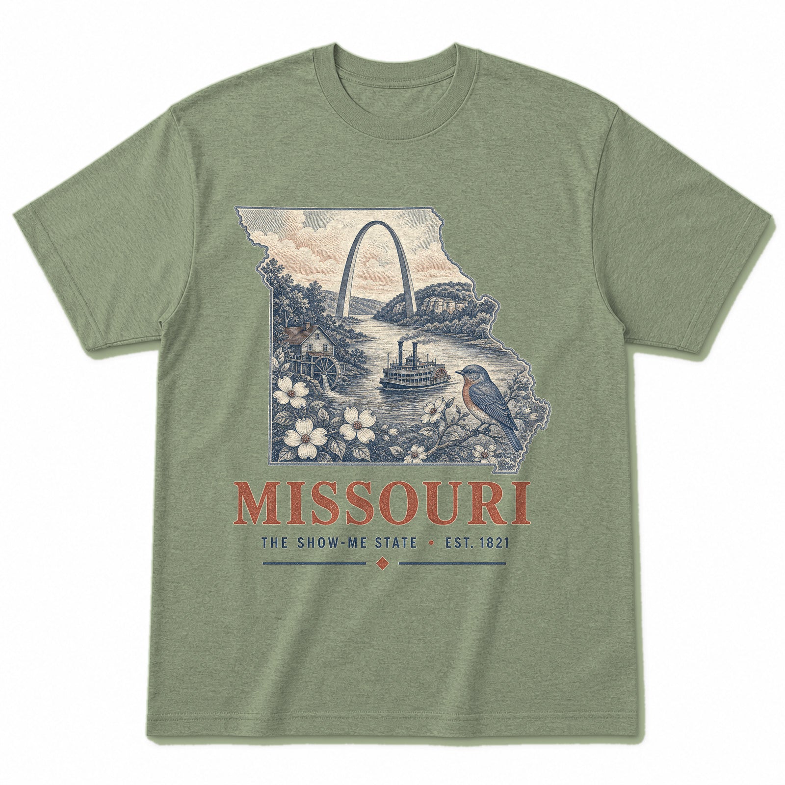 Vintage Missouri State Graphic T-Shirt in Light Sage Green, front view on a white background
