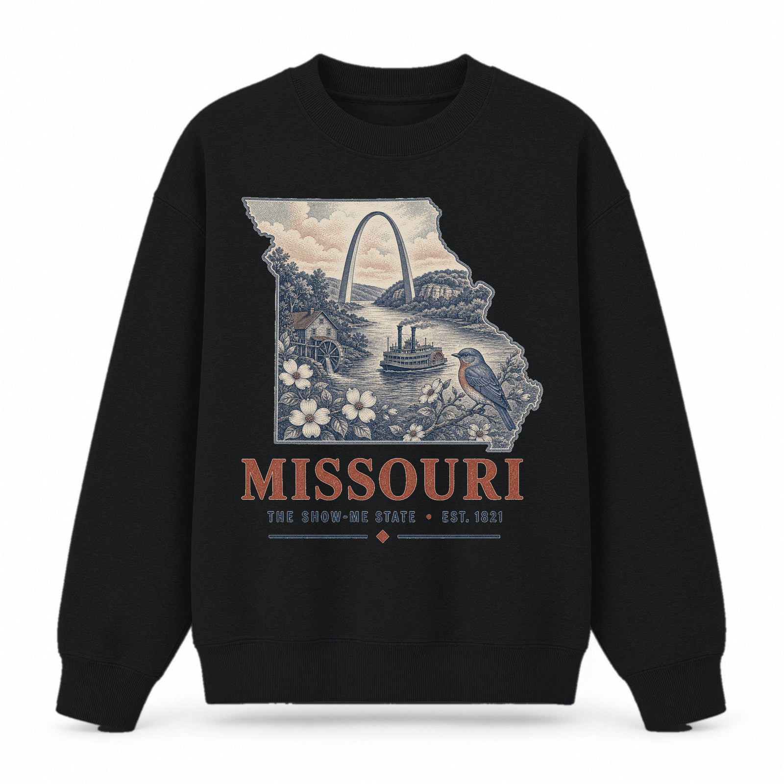 Vintage Missouri State Graphic Crewneck Sweatshirt in Black, front view on a white background