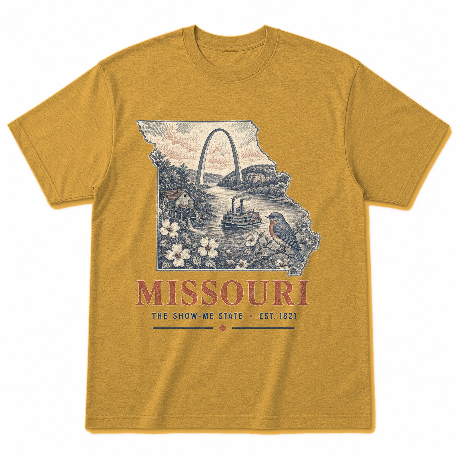 Vintage Missouri State Graphic T-Shirt in Vintage Mustard Yellow, front view on a white background