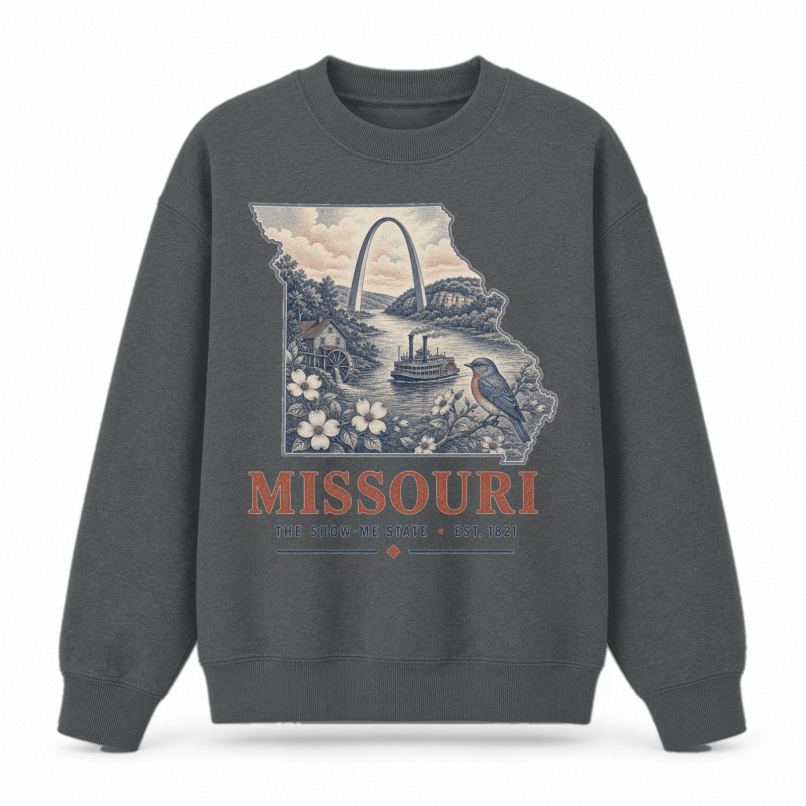 Vintage Missouri State Graphic Crewneck Sweatshirt in Dark Gray, front view on a white background