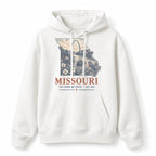 Vintage Missouri State Graphic Pullover Hoodie in White, front view on a white background