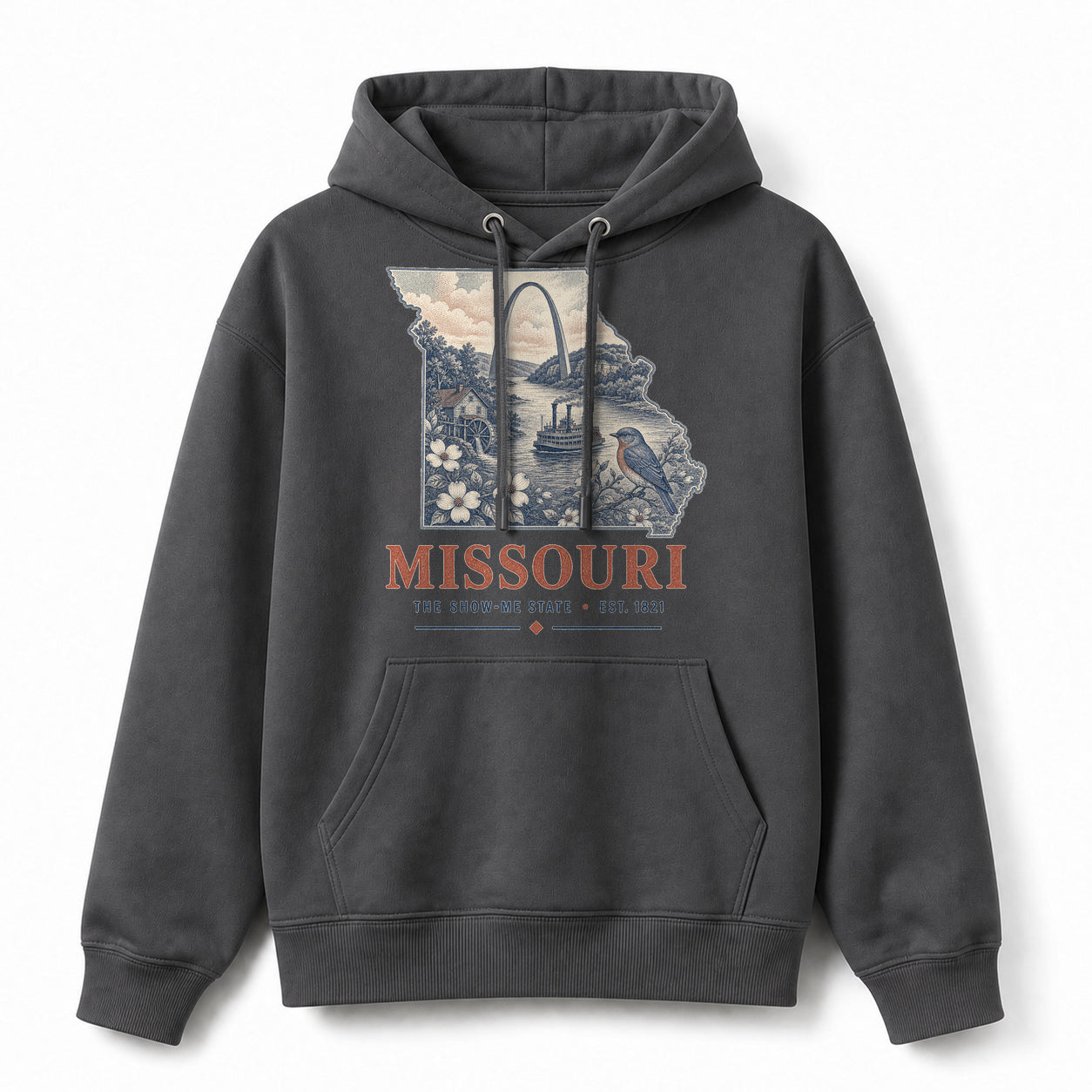 Vintage Missouri State Graphic Pullover Hoodie in Dark Gray, front view on a white background