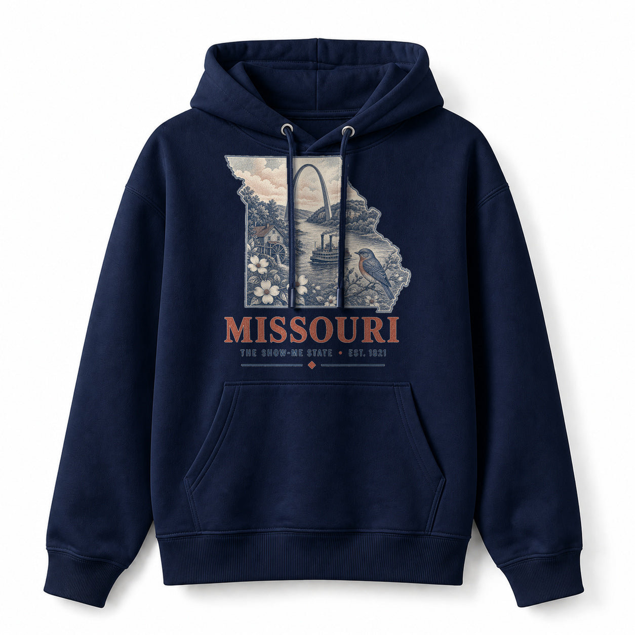 Vintage Missouri State Graphic Pullover Hoodie in Navy, front view on a white background