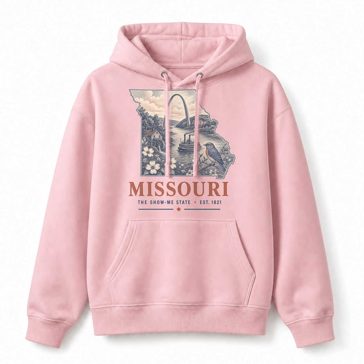 Vintage Missouri State Graphic Pullover Hoodie in Light Pink, front view on a white background