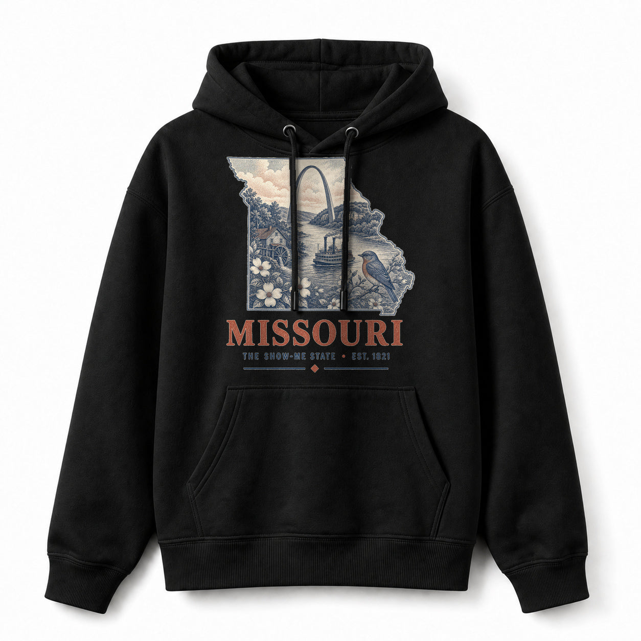Vintage Missouri State Graphic Pullover Hoodie in Black, front view on a white background