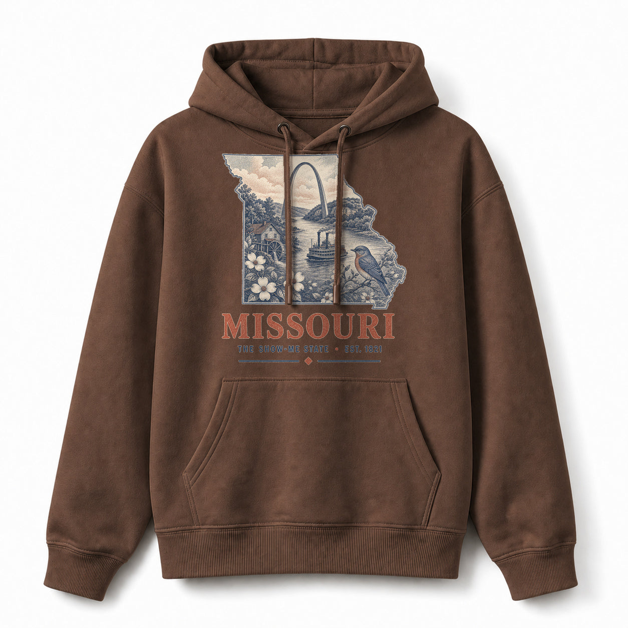 Vintage Missouri State Graphic Pullover Hoodie in Coffee Brown, front view on a white background