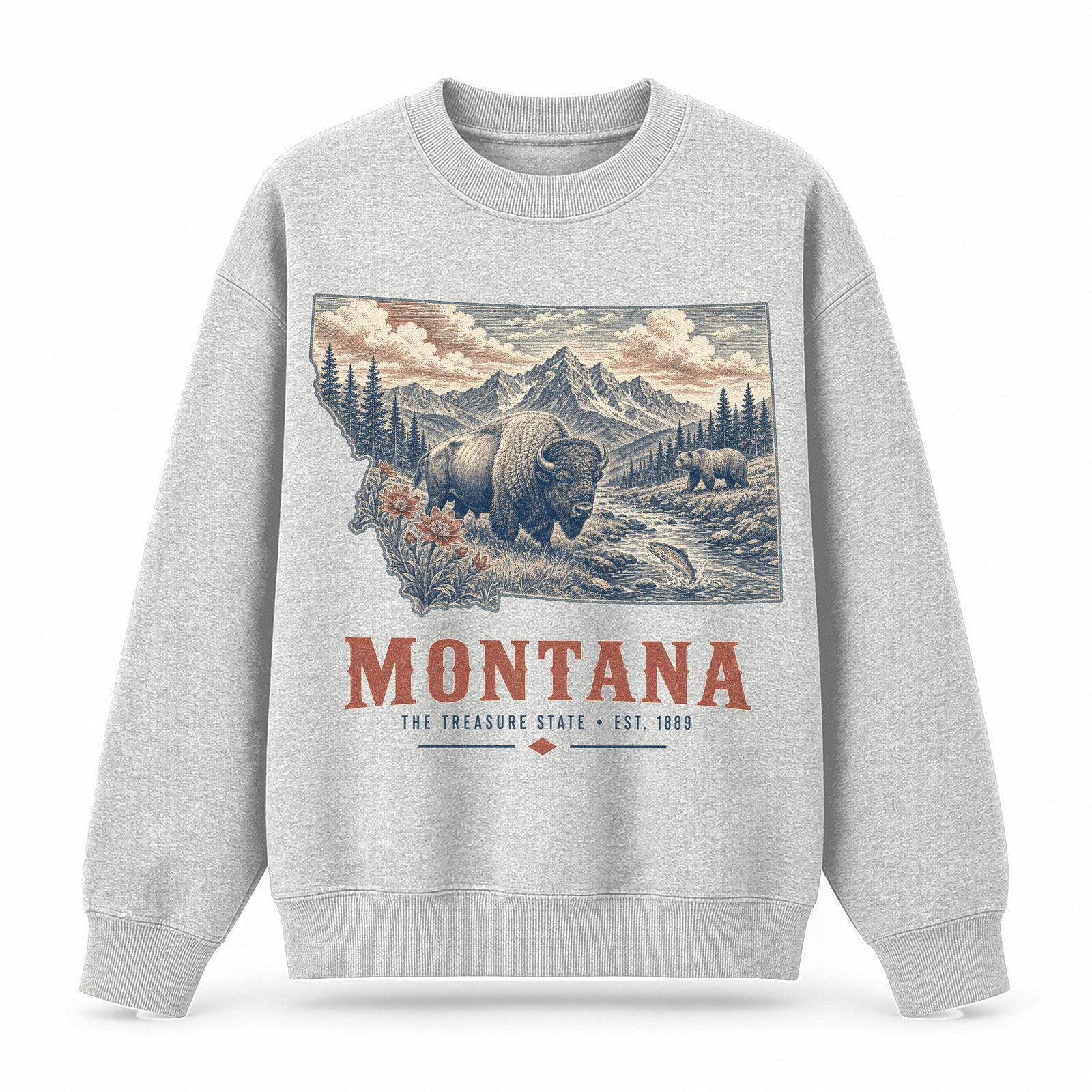 Vintage Montana State Graphic Crewneck Sweatshirt in Light Gray, front view on a white background