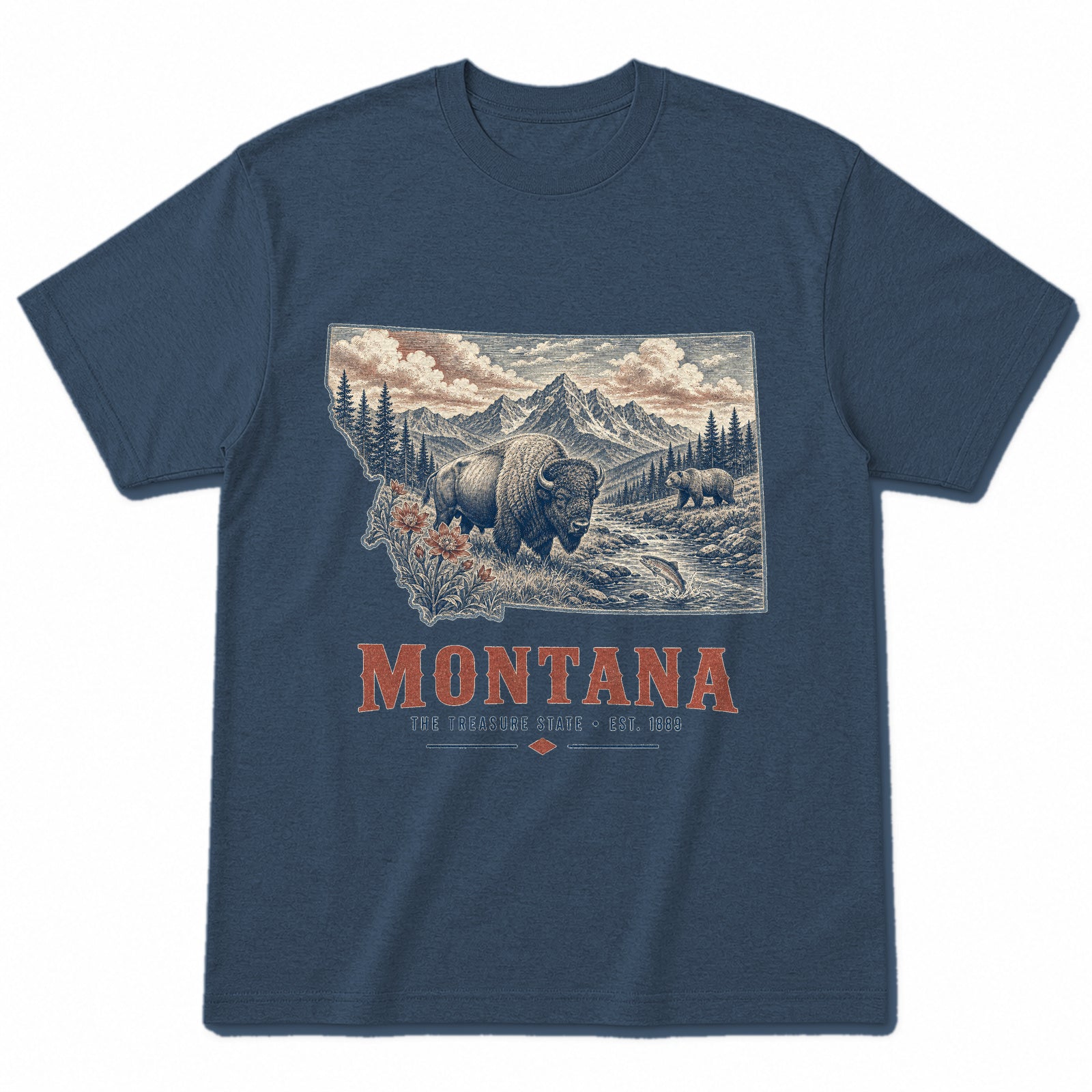 Vintage Montana State Graphic T-Shirt in Washed Navy, front view on a white background