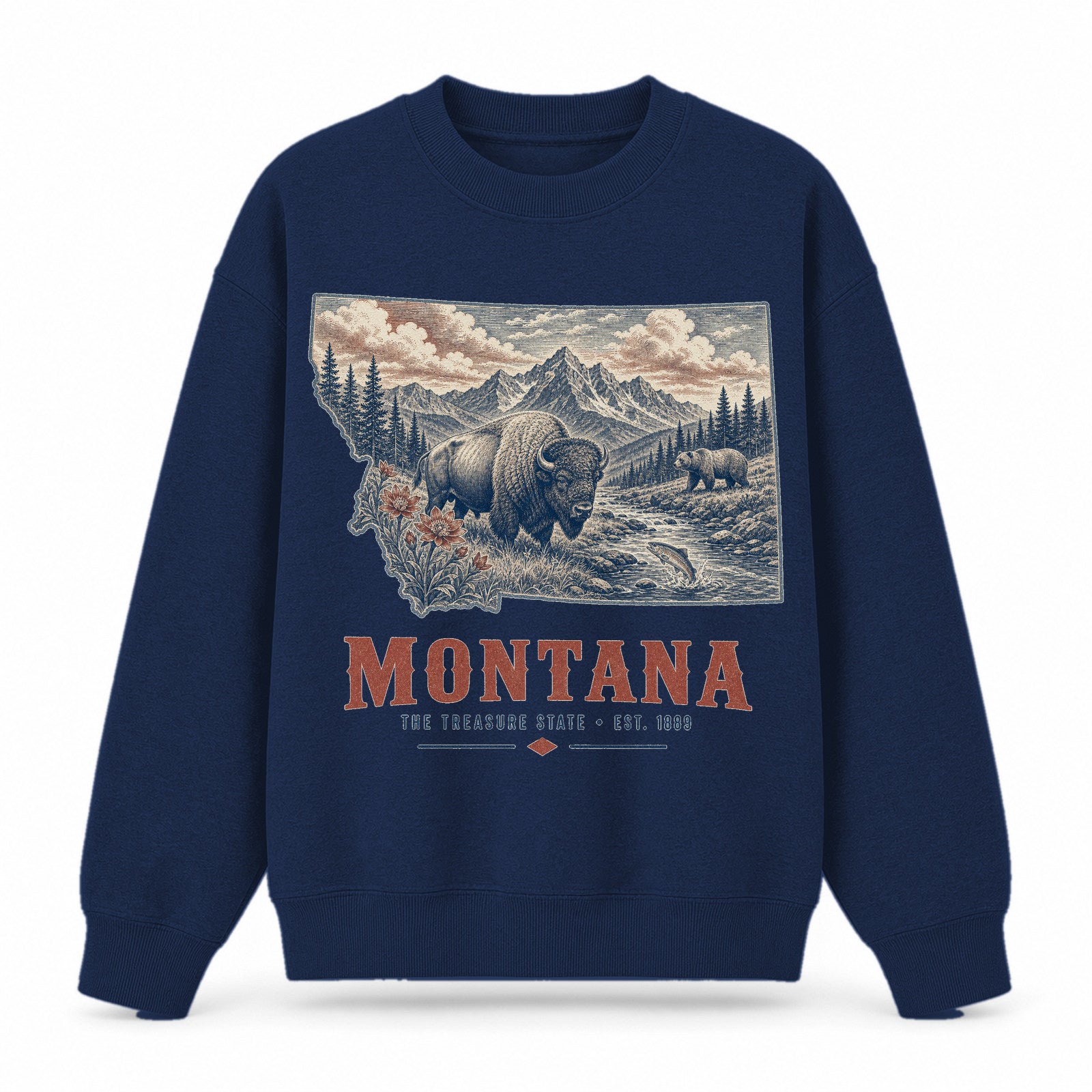 Vintage Montana State Graphic Crewneck Sweatshirt in Navy, front view on a white background