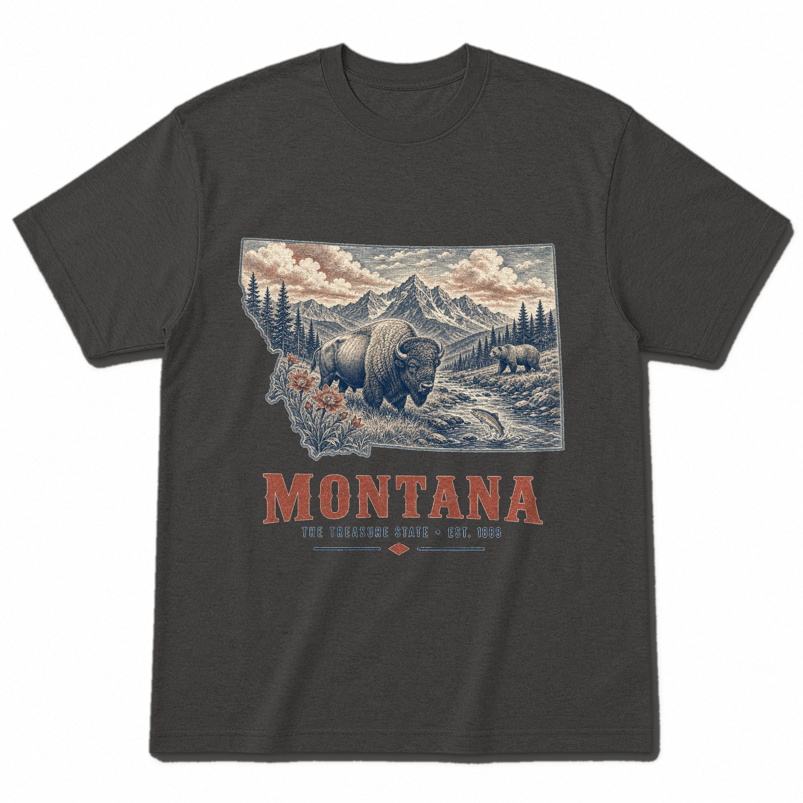Vintage Montana State Graphic T-Shirt in Vintage Charcoal, front view on a white background