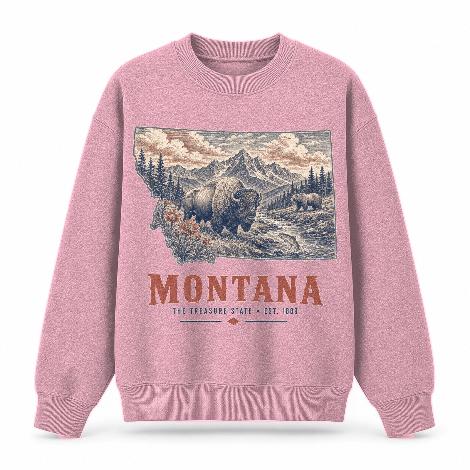 Vintage Montana State Graphic Crewneck Sweatshirt in Pink, front view on a white background