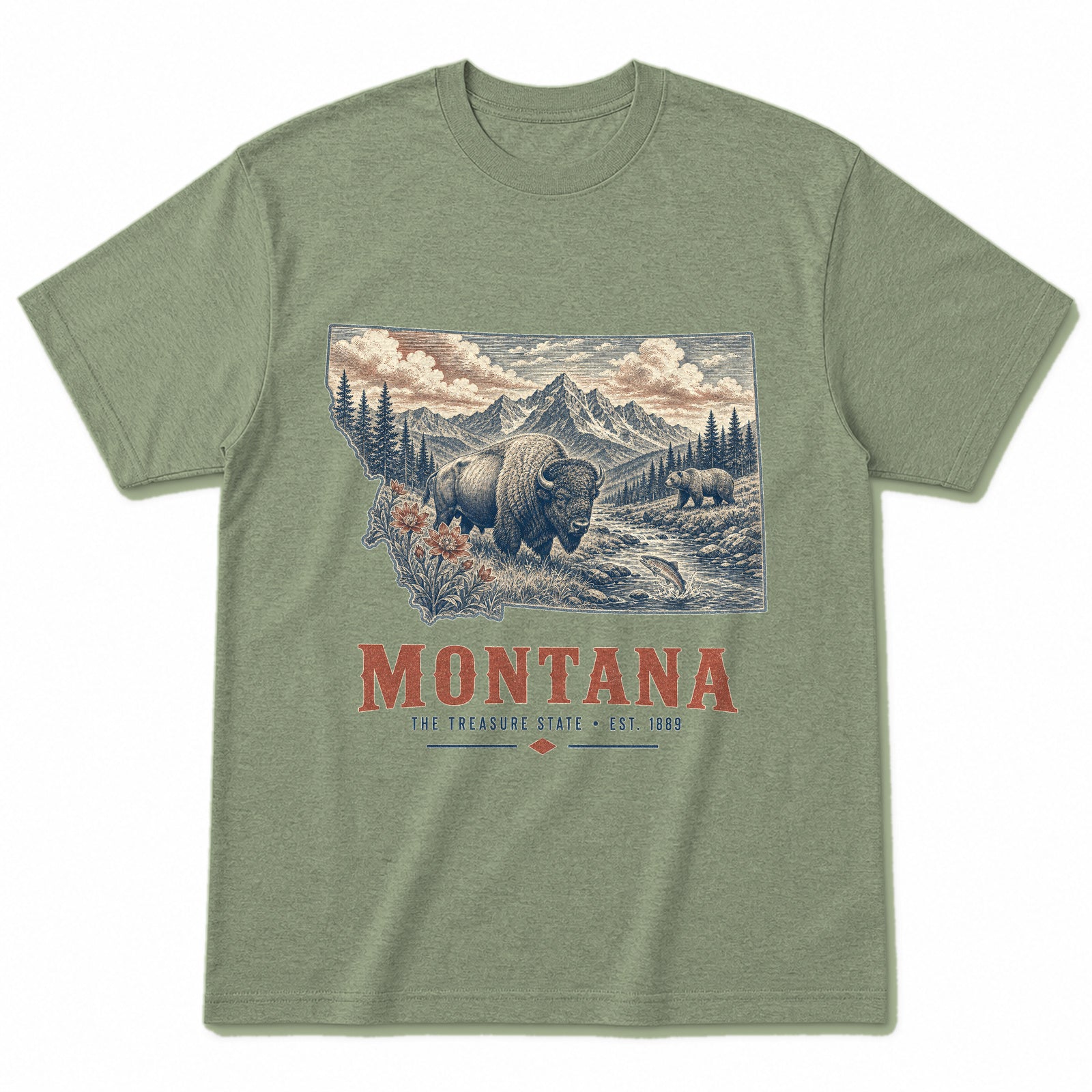 Vintage Montana State Graphic T-Shirt in Light Sage Green, front view on a white background