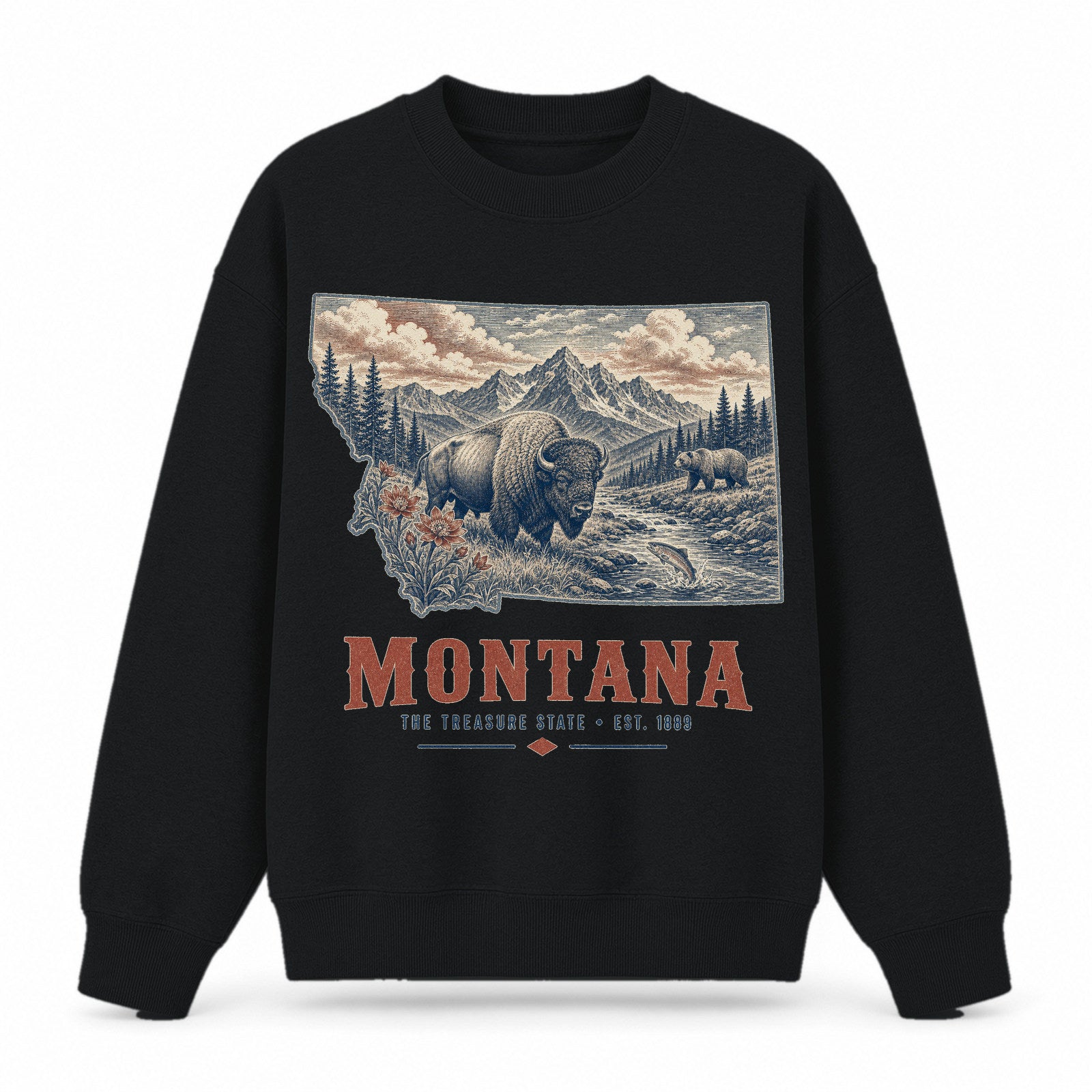 Vintage Montana State Graphic Crewneck Sweatshirt in Black, front view on a white background