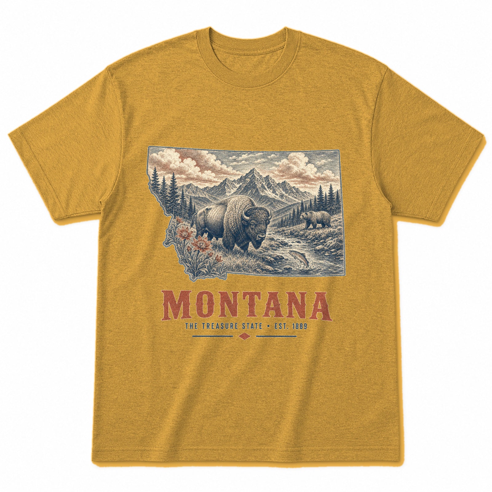Vintage Montana State Graphic T-Shirt in Vintage Mustard Yellow, front view on a white background
