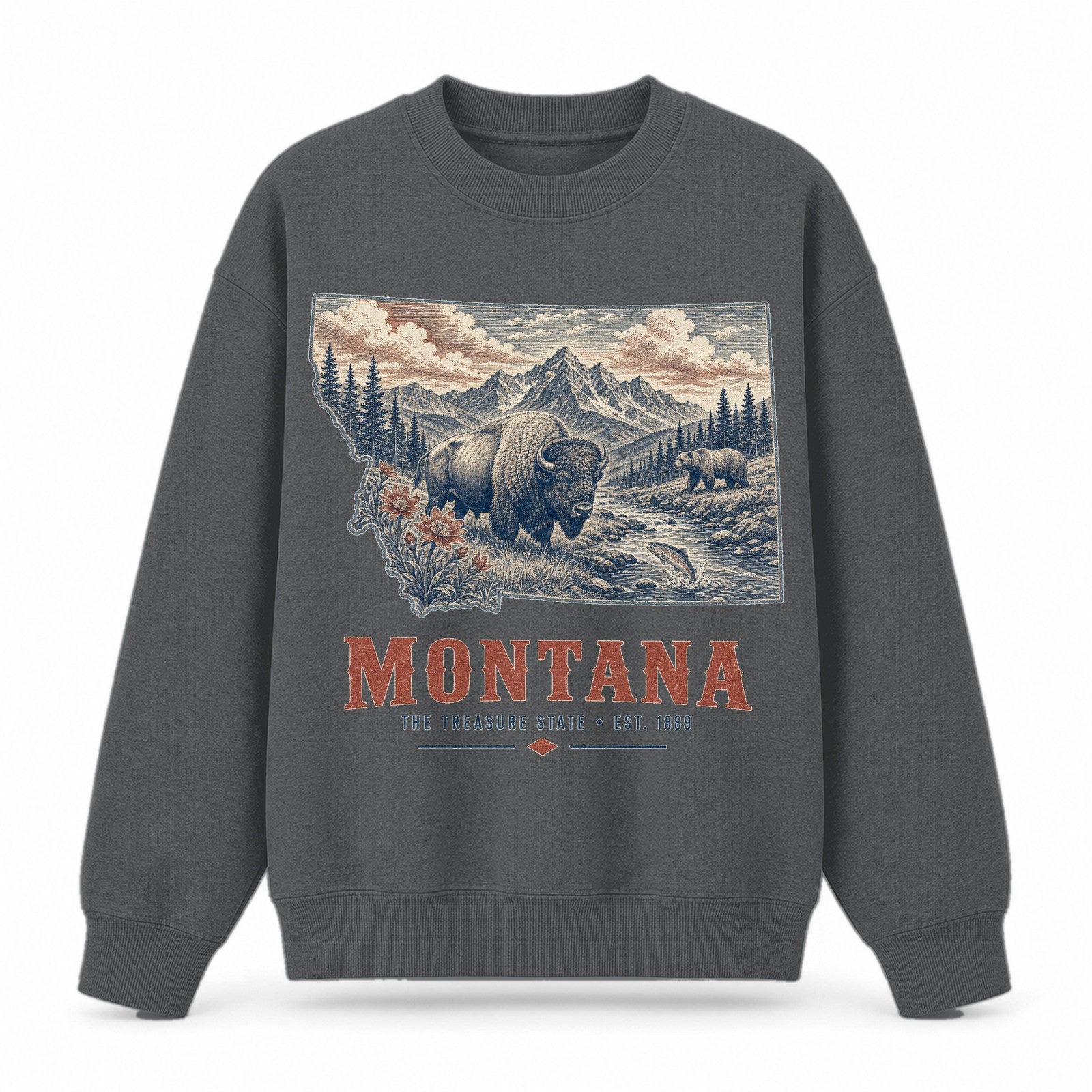 Vintage Montana State Graphic Crewneck Sweatshirt in Dark Gray, front view on a white background