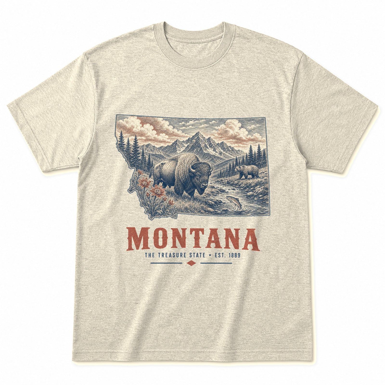 Vintage Montana State Graphic T-Shirt in Natural Cream, front view on a white background