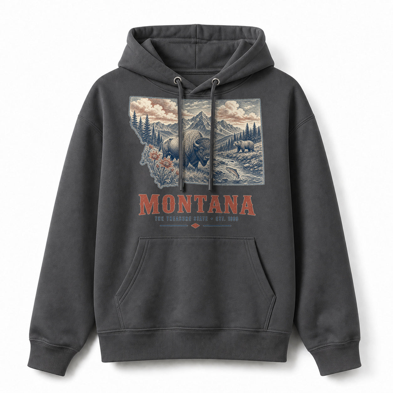Vintage Montana State Graphic Pullover Hoodie in Dark Gray, front view on a white background