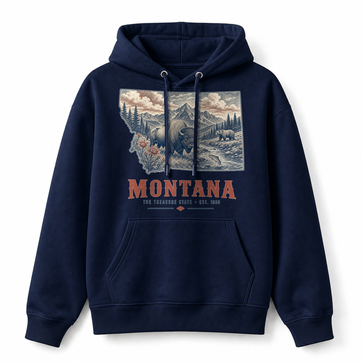 Vintage Montana State Graphic Pullover Hoodie in Navy, front view on a white background