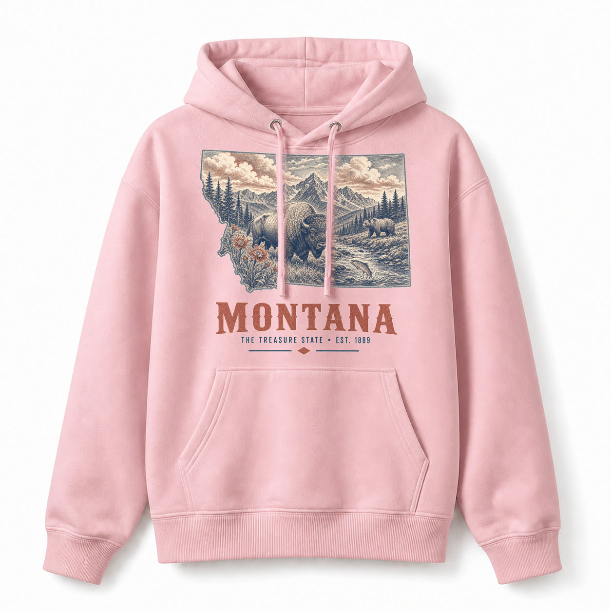 Vintage Montana State Graphic Pullover Hoodie in Light Pink, front view on a white background