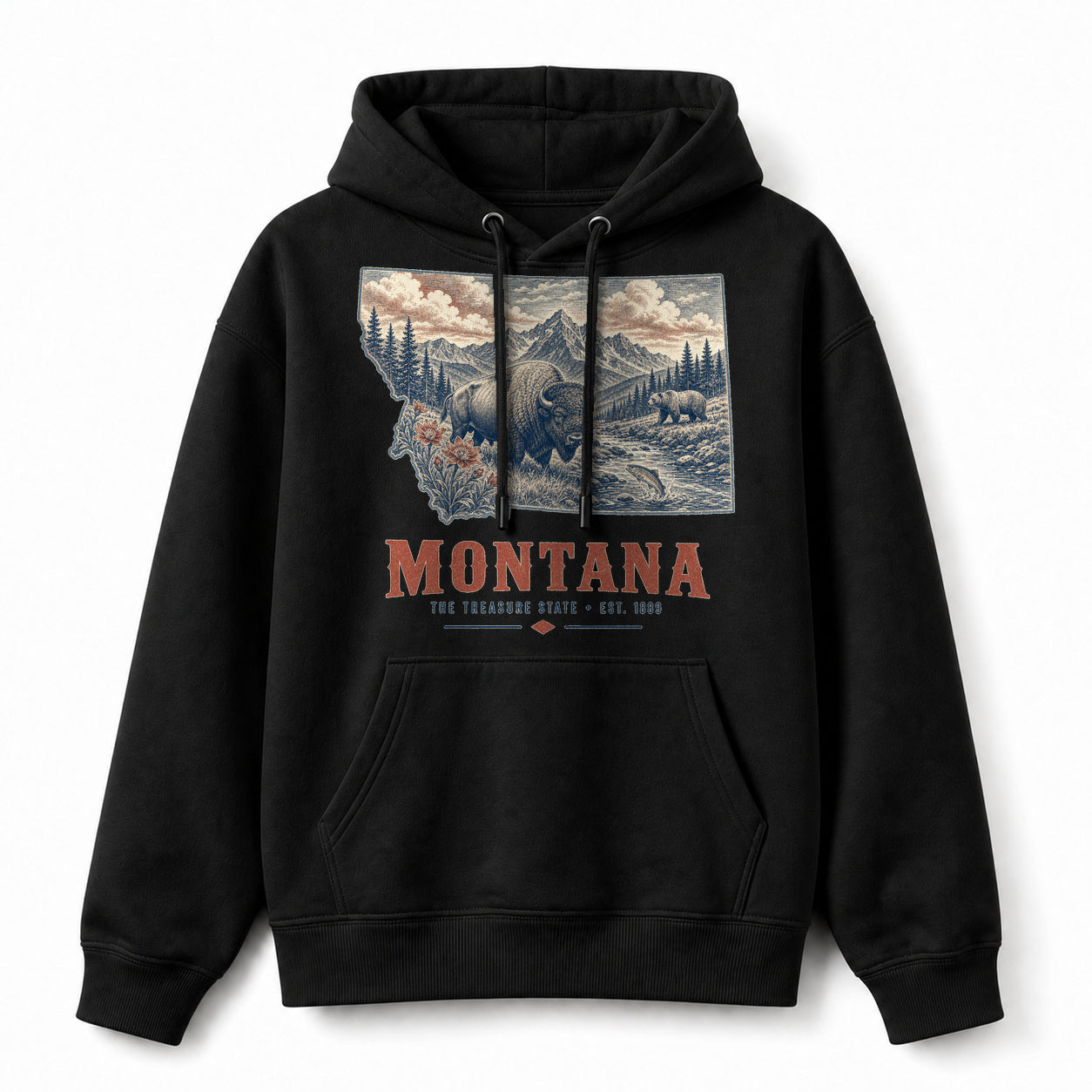 Vintage Montana State Graphic Pullover Hoodie in Black, front view on a white background