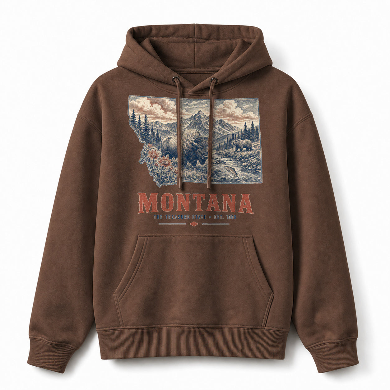 Vintage Montana State Graphic Pullover Hoodie in Coffee Brown, front view on a white background