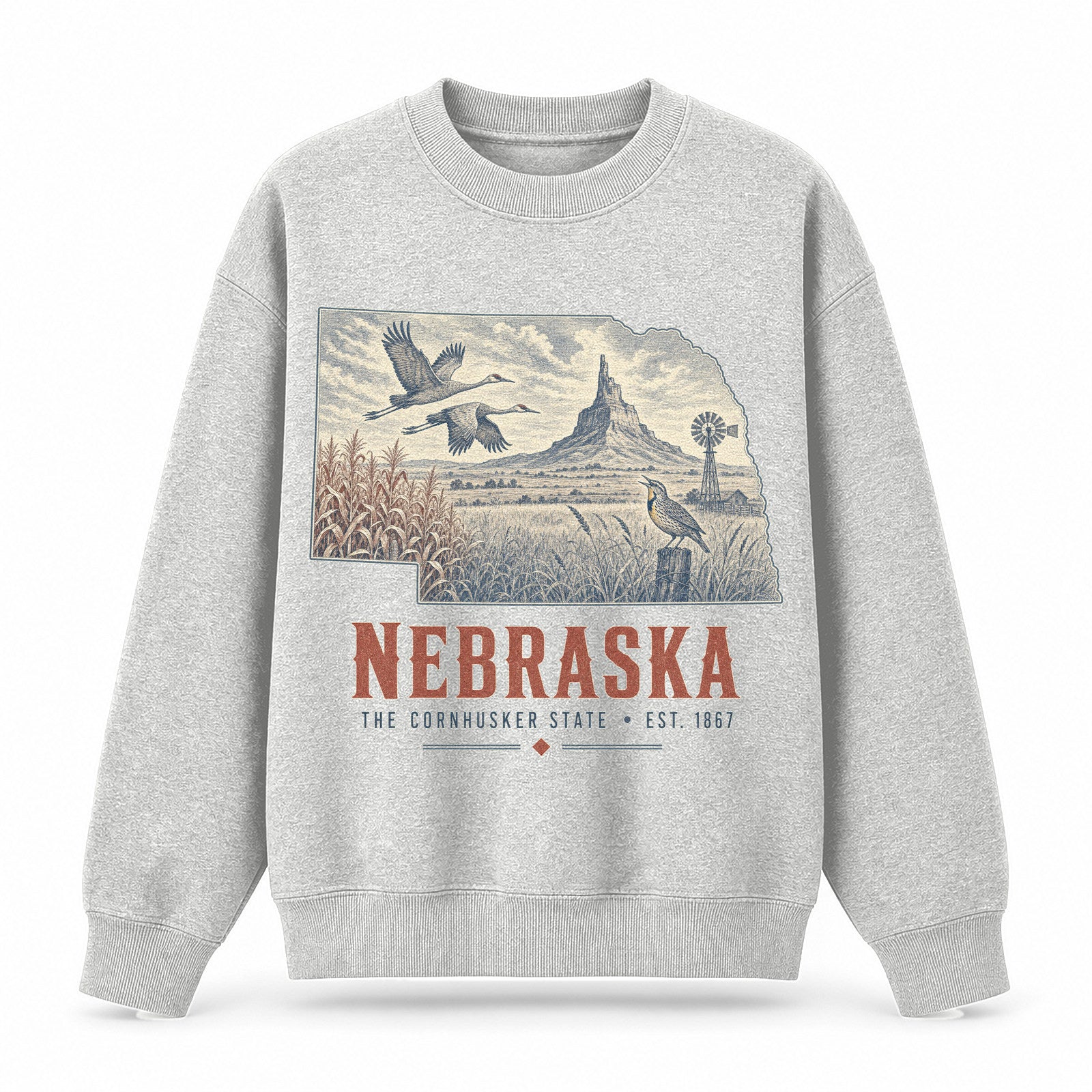 Vintage Nebraska State Graphic Crewneck Sweatshirt in Light Gray, front view on a white background