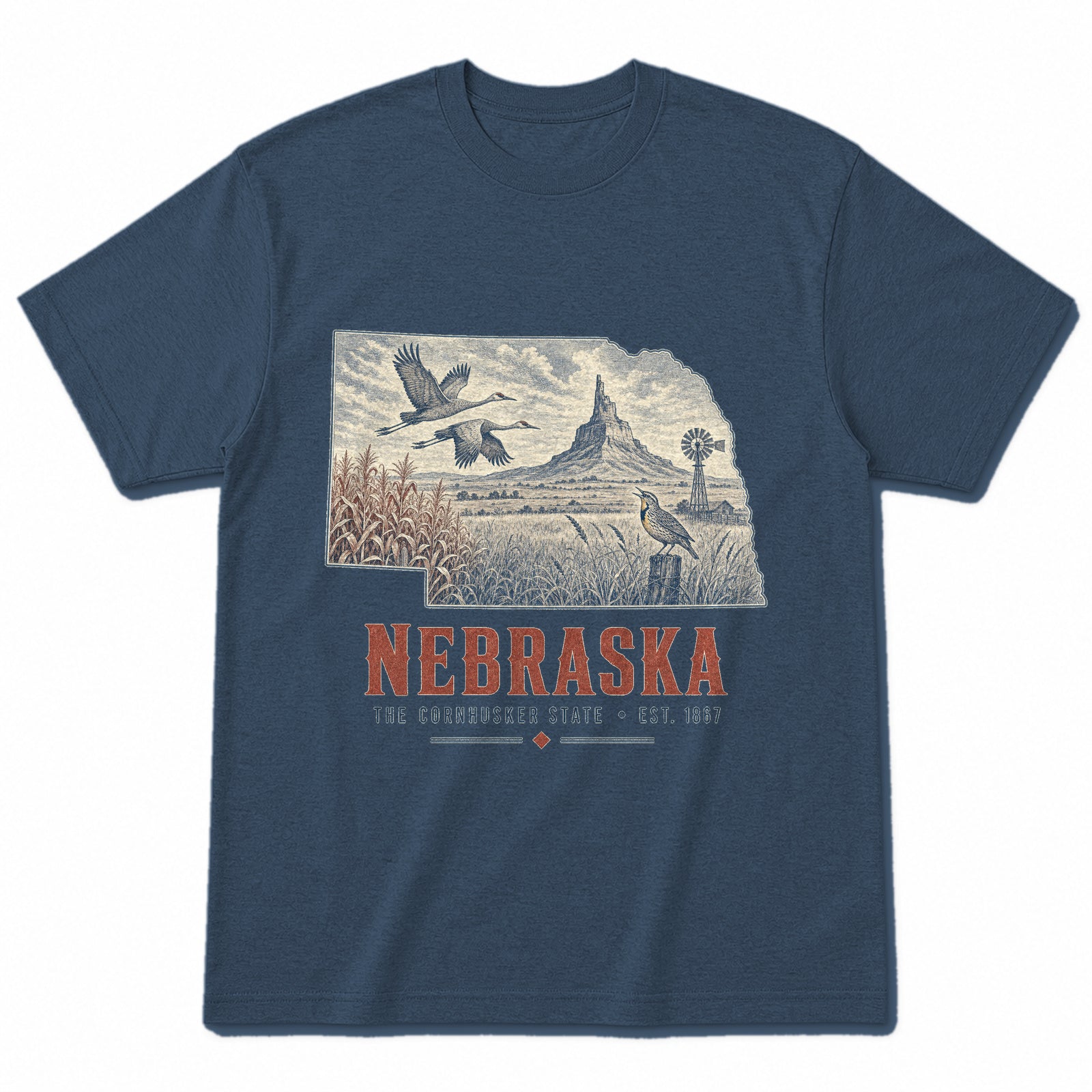 Vintage Nebraska State Graphic T-Shirt in Washed Navy, front view on a white background