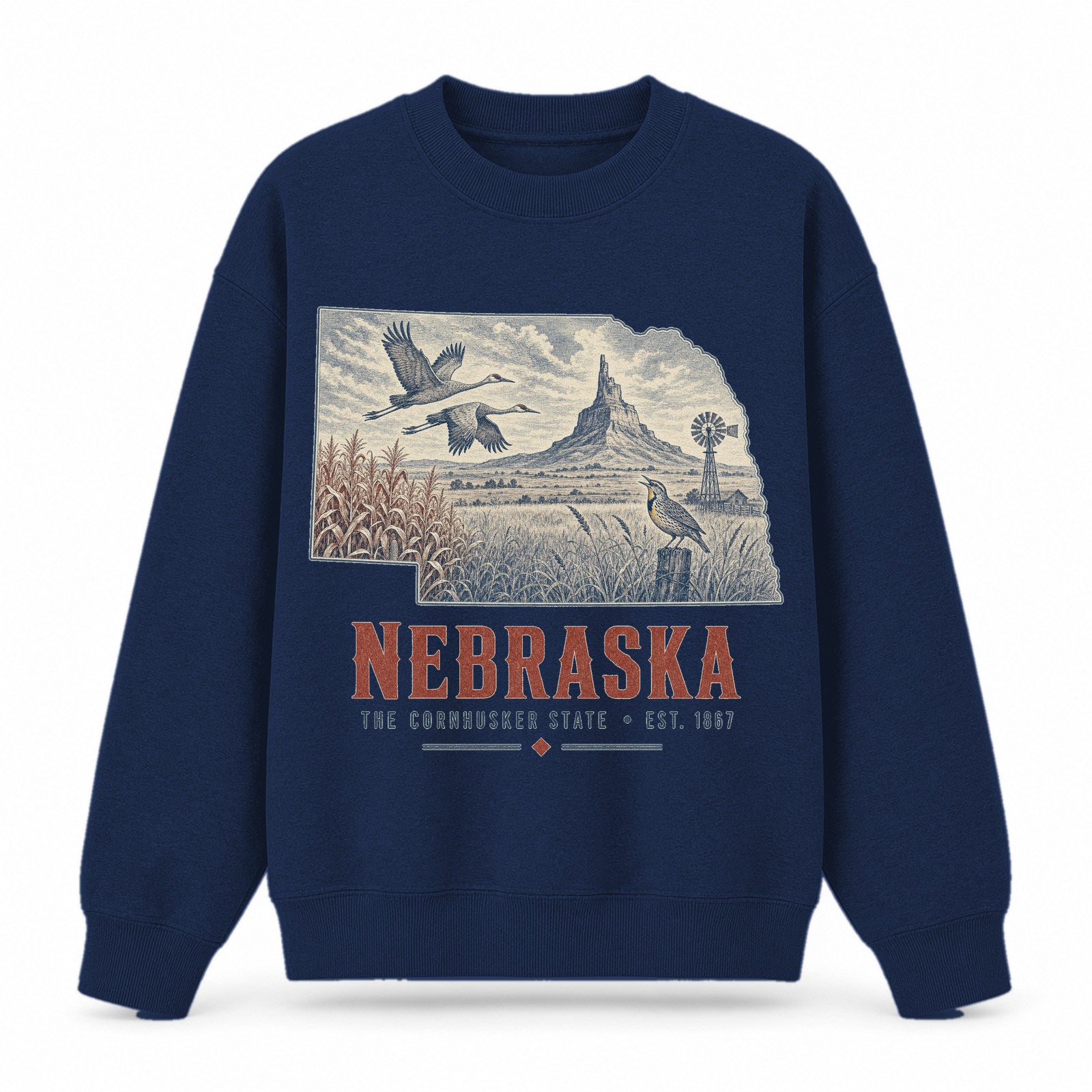 Vintage Nebraska State Graphic Crewneck Sweatshirt in Navy, front view on a white background