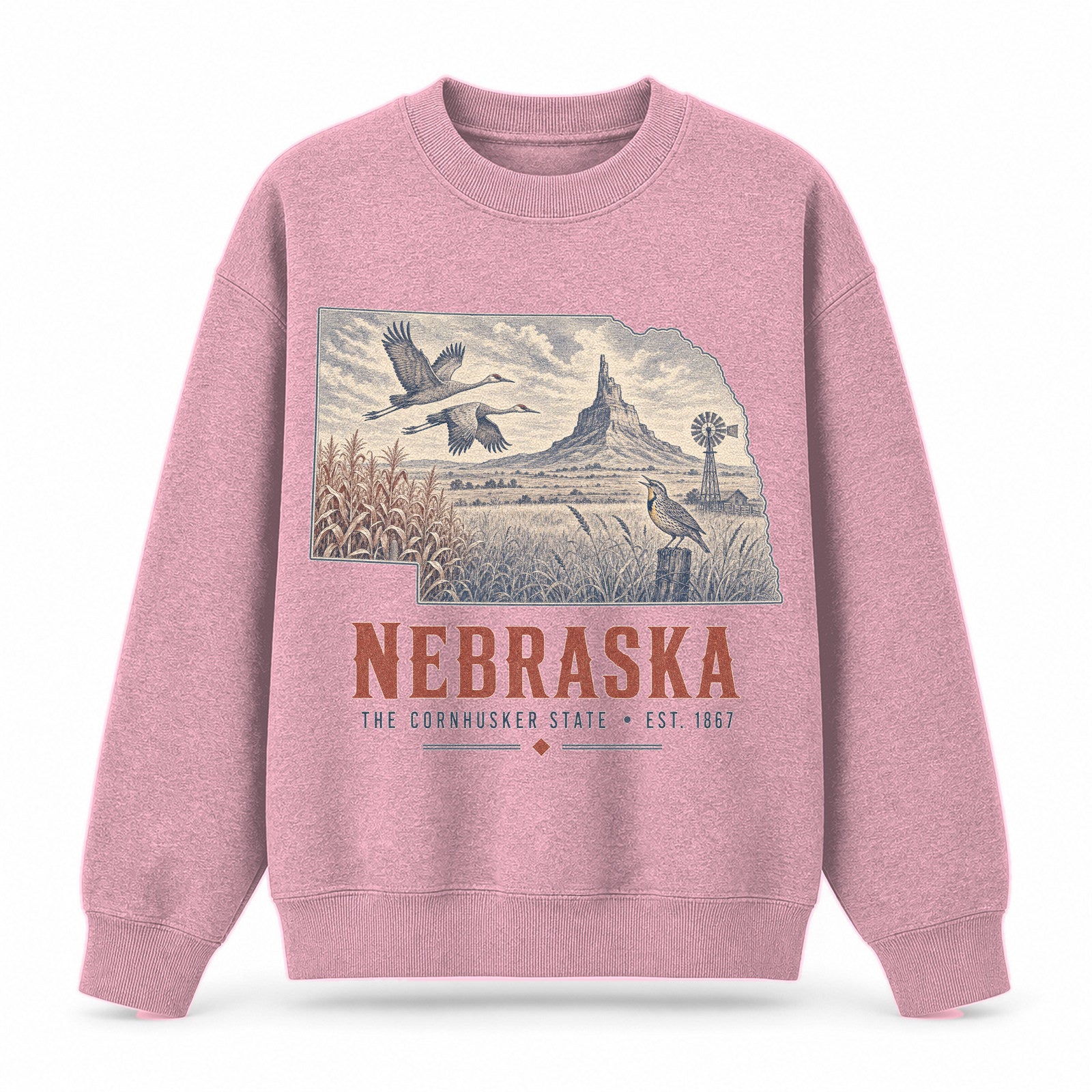 Vintage Nebraska State Graphic Crewneck Sweatshirt in Pink, front view on a white background