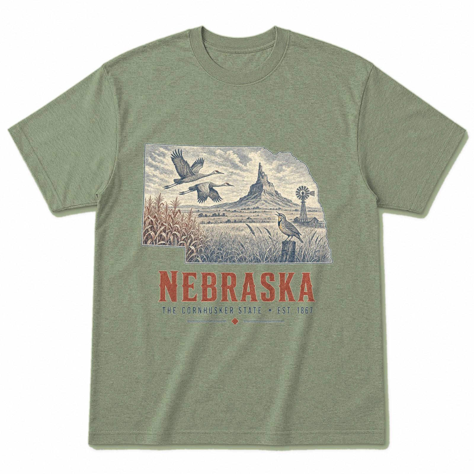 Vintage Nebraska State Graphic T-Shirt in Light Sage Green, front view on a white background