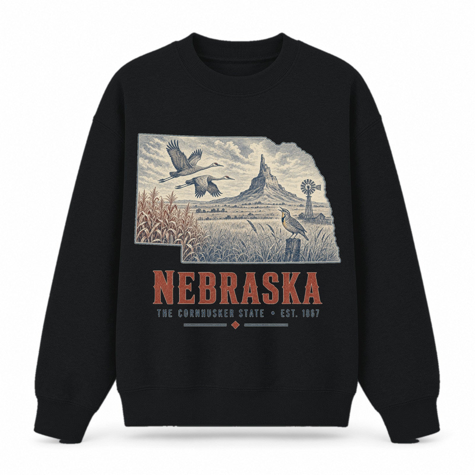 Vintage Nebraska State Graphic Crewneck Sweatshirt in Black, front view on a white background