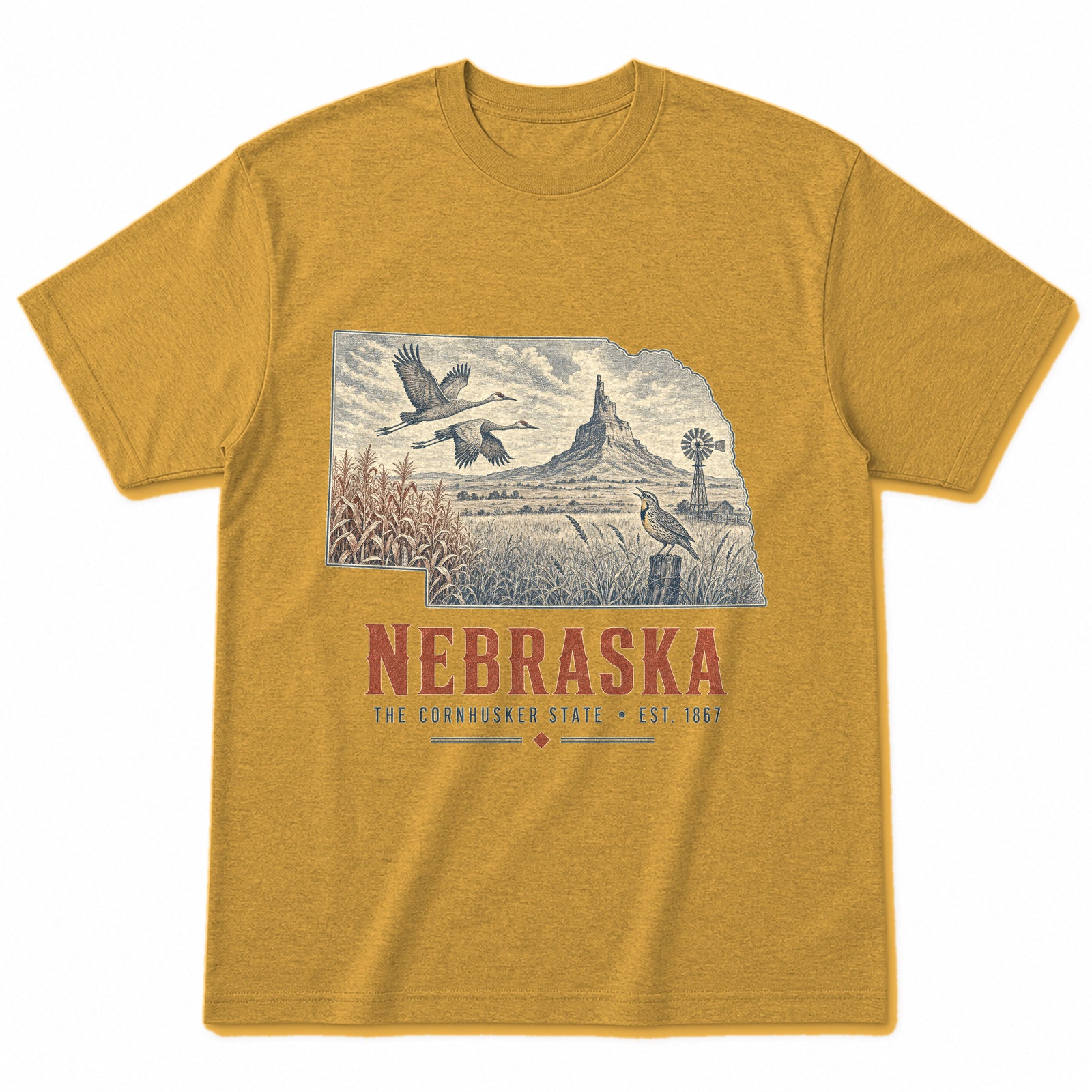 Vintage Nebraska State Graphic T-Shirt in Vintage Mustard Yellow, front view on a white background