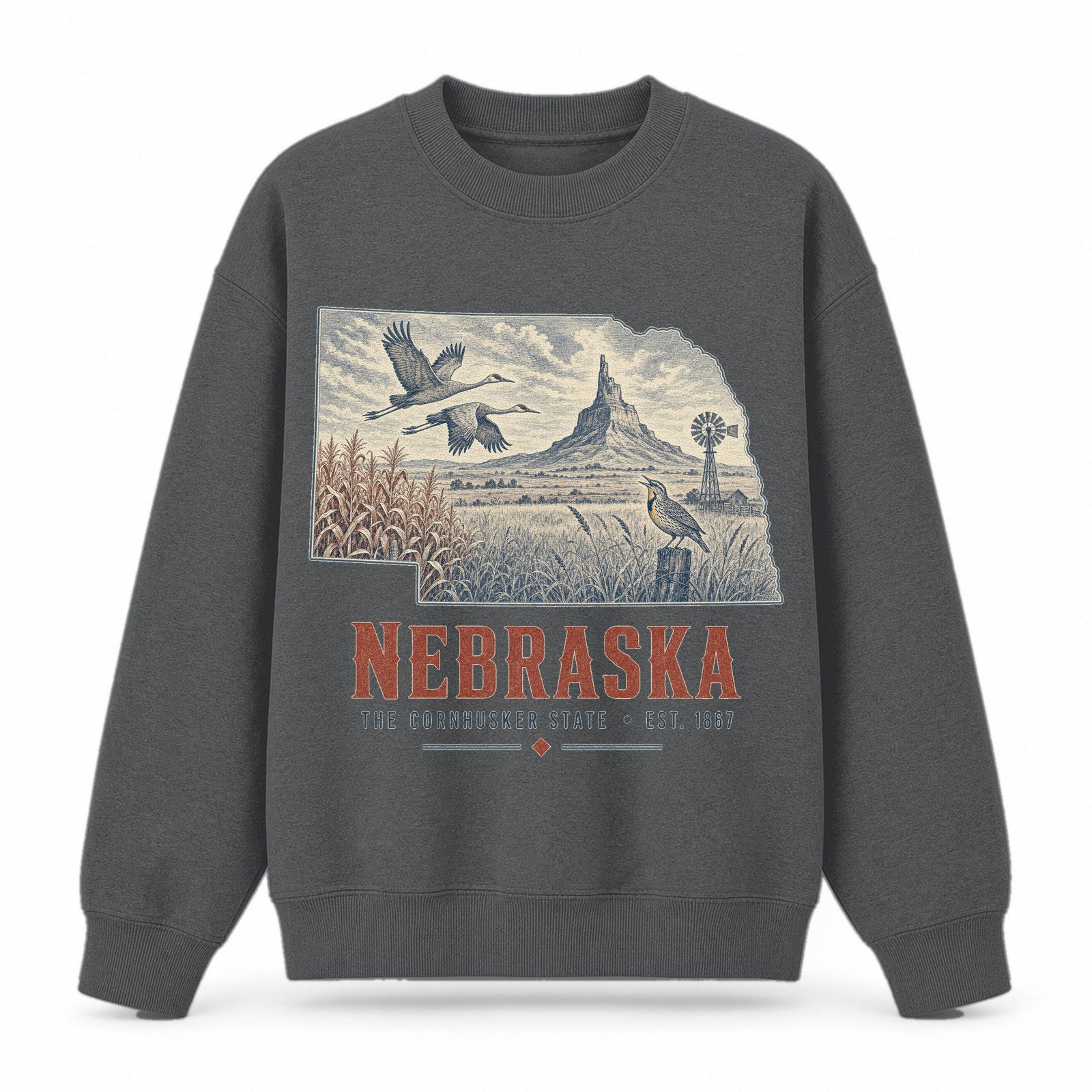 Vintage Nebraska State Graphic Crewneck Sweatshirt in Dark Gray, front view on a white background