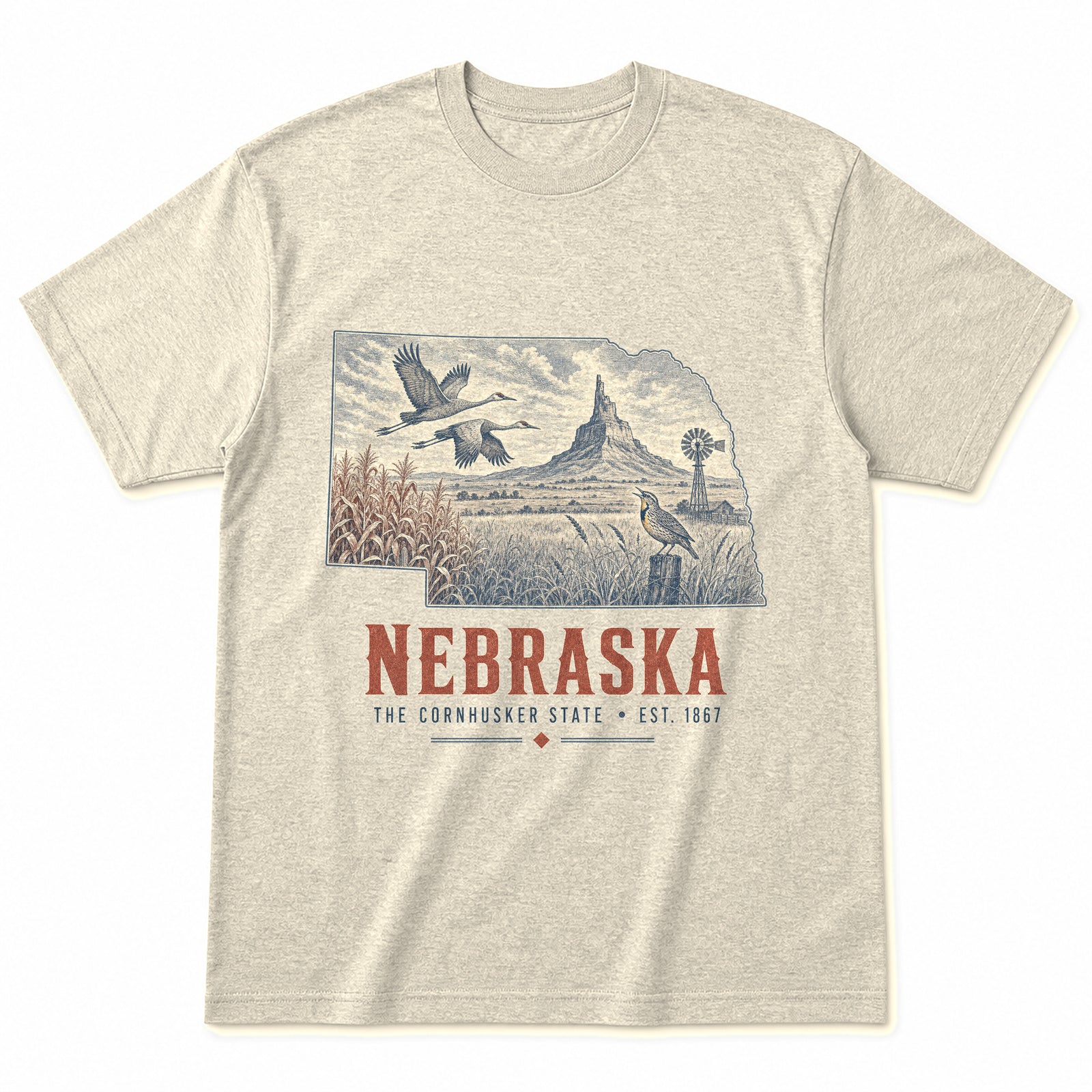 Vintage Nebraska State Graphic T-Shirt in Natural Cream, front view on a white background