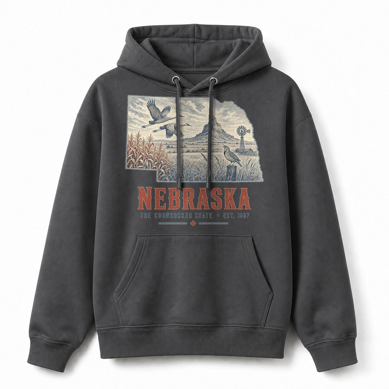 Vintage Nebraska State Graphic Pullover Hoodie in Dark Gray, front view on a white background