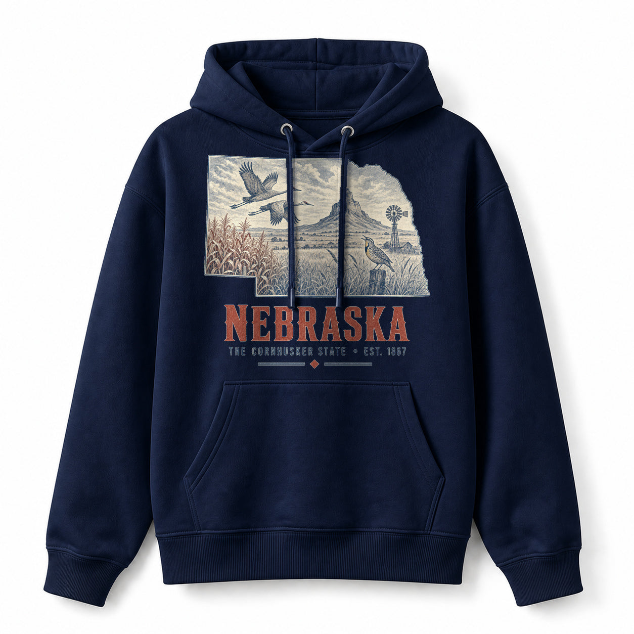 Vintage Nebraska State Graphic Pullover Hoodie in Navy, front view on a white background